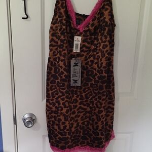 Leopard Print Slip Dress with Pink Lace Trim